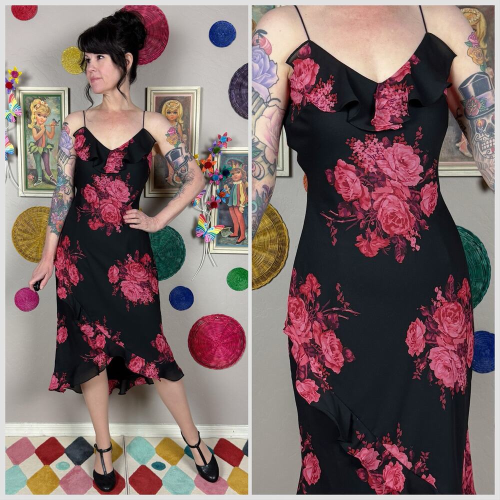 Vintage Y2K Black and Pink Floral Ruffle Slipdress